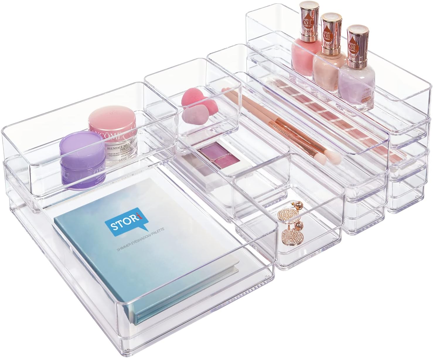 230527222928138_1 STORi SimpleSort 10-Piece Stackable Clear Drawer Organizer Set | Multi-size Trays | Makeup Vanity Storage Bins and Office Desk Drawer Dividers | Made in USA - Image 1
